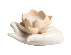 Bomboniera Matrimonio Harmony Candela Fiore tortora su Mano in Porcellana Bianca