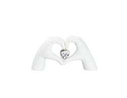 Bomboniera Matrimonio harmony MANI CUORE RESINA BIANCA CON CUORE METALLO E STRASS CON BOX  SACCHETTO