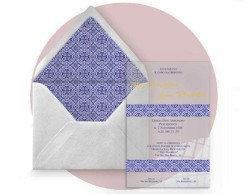 Partecipazione di nozze in plexiglass trasparente rettangolare tema maioliche  blu