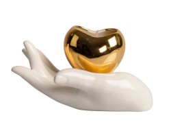 Bomboniera Matrimonio Harmony Candela Cuore Dorato su Mano in Porcellana Bianca