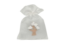 Sacchetto harmony lucido bianco con tiranti con applicazione gessetto e legno albero della vita