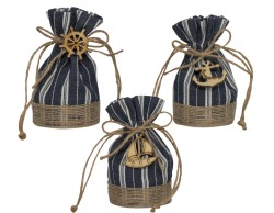 sacchetto harmony CON BASE IN COTONE BLUE A RIGHE E TIR. IN CORDA CON APPL. MARINE IN LEGNO 3 ASS.