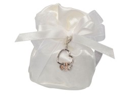 POCHETTE RASO BIANCA CON CHARM CUORE STRASS + 3 CUORI ORO RAME SILVER