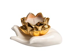 Bomboniera Matrimonio Harmony Candela Fiore Dorato su Mano in Porcellana Bianca