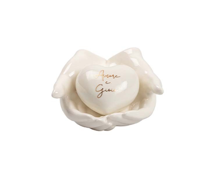 Bomboniera Matrimonio harmony MANI PORCELLANA CON CUORE BIANCO CON 2 FRASI ASSORTITI CON BOX E SACCHETTO su Bomboniere Dolci Emozioni