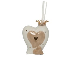 BOMBONIERA MATRIMONIO HARMONY PROFUMATORE CUORE PORC. BIANCA/TORTORA CON CORONA METALLO ORO
