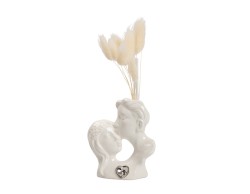 Bomboniera Matrimonio harmony PROFUMATORE COPPIA BACIO SULLA FRONTE PORCELLANA BIANCA CON CUORE CRISTALLO, PAMPAS, BOX E SACC