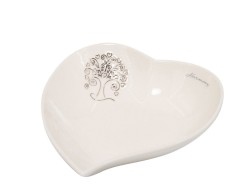 BOMBONIERA MATRIMONIO HARMONY PIATTINO CUORE PORCELLANA BIANCA CON ALBERO DELLA VITA PLATINO
