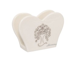 BOMBONIERA MATRIMONIO HARMONY PORTA TOVAGLIOLI CUORE PORC. BIANCA CON ALBERO DELLA VITA PLATINO