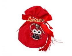 SACCHETTO LAUREA HARMONY COTONE CON FIOCCHETTO E PORTACHIAVI GUFETTO METALLO