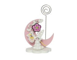 Bomboniera Harmony nascita e battesimo mezza luna rosa con cicogna baby girl resina