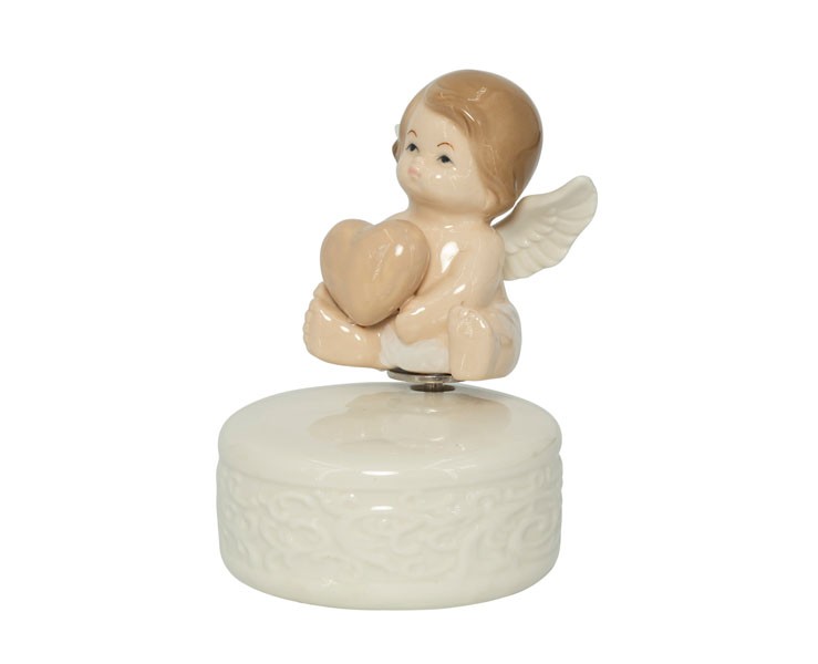 Bomboniera Harmony Battesimo Prima Comunione Cresima carillon angelo porcellana con cuori tortora su Bomboniere Dolci Emozioni