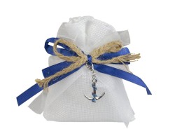 SACCHETTO HARMONY BIANCO JUTA MARINO CON NASTRO BLUE E CORDONCINO CON CHARME ANCORA + FARO