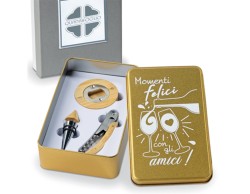 Bomboniera Solidale Set Sommelier 3 Pezzi in Scatola Metallo Rame Quadrifoglio per Fondazione ABIO