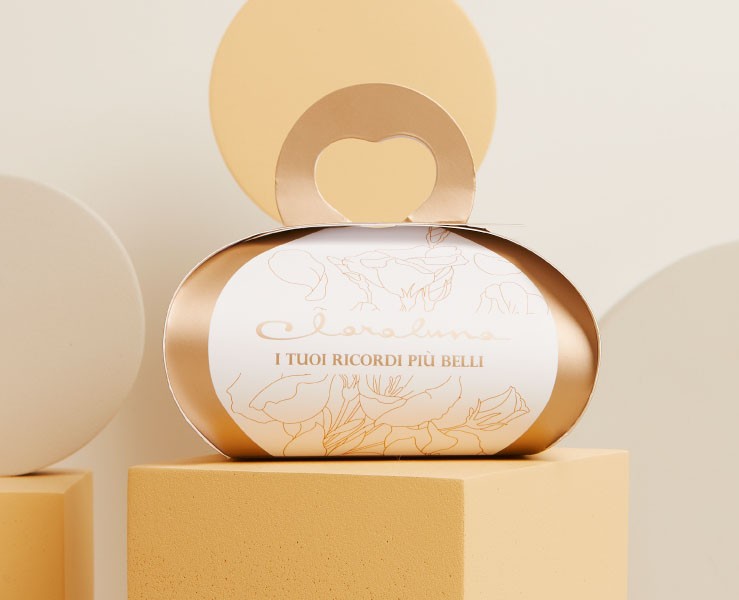 Bomboniera Claraluna  Scatolina Cuore oro rosa con Candela in Gesso su Bomboniere Dolci Emozioni