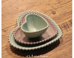 Bomboniera Matrimonio Claraluna tris piattini cuore verde piccolo marrone medio verde grande