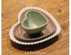 Bomboniera Matrimonio Claraluna tris piattini cuore verde piccolo marrone medio bianco grande