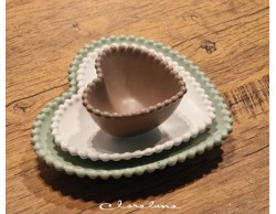 Bomboniera Matrimonio Claraluna tris piattini cuore marrone piccolo bianco medio verde grande