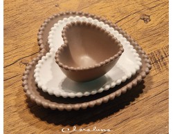 Bomboniera Matrimonio Claraluna tris piattini cuore marrone piccolo bianco medio marrone grande