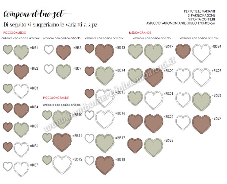 Bomboniera Matrimonio Claraluna tris piattini cuore marrone piccolo verde medio marrone grande su Bomboniere Dolci Emozioni