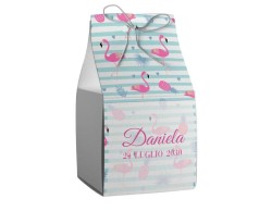 Scatolina porta confetti personalizzata quadrata bianca con strisce blu e fenicotteri