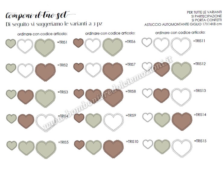 Bomboniera Matrimonio Claraluna tris piattini cuore bianco piccolo marrone medio verde grande su Bomboniere Dolci Emozioni