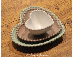 Bomboniera Matrimonio Claraluna tris piattini cuore bianco piccolo marrone medio verde grande