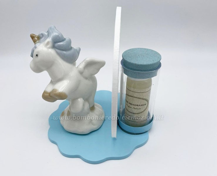 Bomboniera Prima Comunione Mariella Martini profumatore unicorno azzurro su Bomboniere Dolci Emozioni
