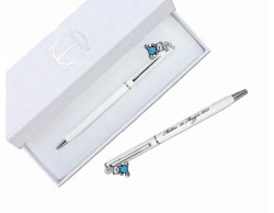 bomboniere Tabor nascita e battesimo penna bianca personalizzata con ciondolo orso smaltato celeste