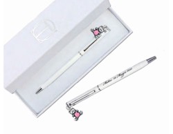 bomboniere Tabor nascita e battesimo penna bianca personalizzata con ciondolo orso smaltato rosa