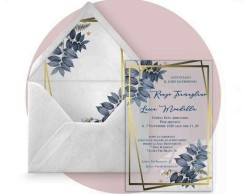 Partecipazione di nozze in plexiglass trasparente rettangolare con foglie blu