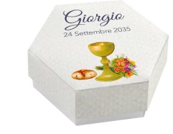 Scatolina porta confetti personalizzata esagonale decoro calice pane e fiori