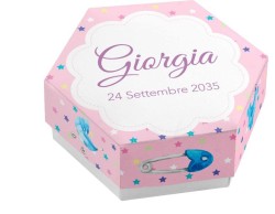 Scatolina porta confetti personalizzata esagonale rosa stelle con spilla e passeggino