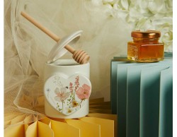 Bomboniera Claraluna 2026 Porta Miele con Miele e Spargimiele Decoro Floreale bianco