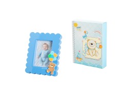 Bomboniera Harmony PORTA FOTO LEGNO SPESSORATO BOY CON ORSETTO CON BOX E FAZZOLETTO