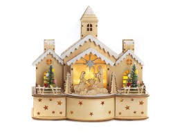 ChatGGruppo Casette con Natività  Stilizzato in Legno con Luce