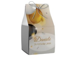 Scatolina porta confetti personalizzata quadrata con palloncini nero oro bianco