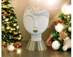 Vaso e Soprammobile Testa di Donna in Marmorino Bianco con Dettagli Metallici