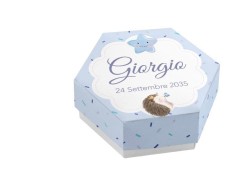 Scatolina porta confetti personalizzata esagonale blu con riccio e stella