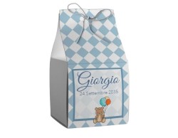 Scatolina porta confetti personalizzata quadrata blu e orsetto con palloncini