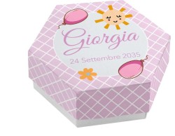 Scatolina porta confetti personalizzata esagonale rosa con sole e palloncini