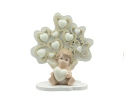 Bomboniera Prima comunione Harmony albero della vita cuori tortora medio con angelo porcellana