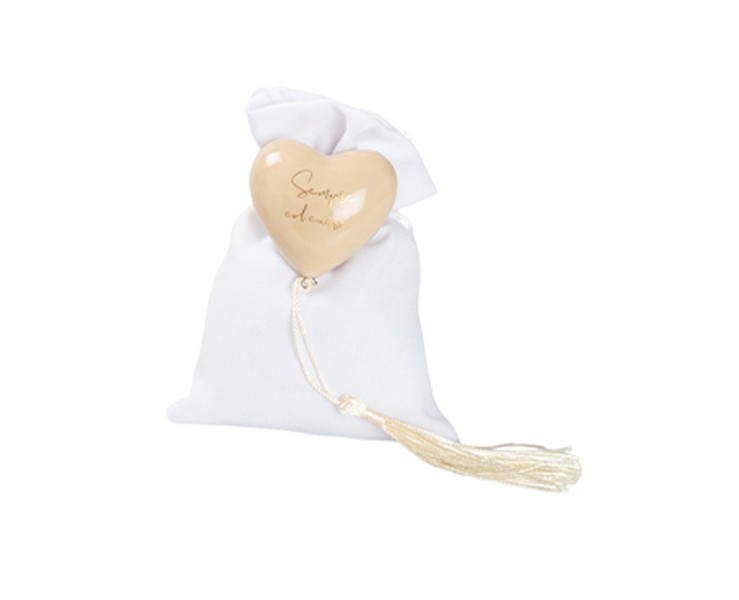 Harmony COMUNIONE MAGNETE CUORE TORTORA CON TASSEL CON 2 FRASI ASSORTITE CON SACCHETTO su Bomboniere Dolci Emozioni