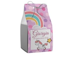 Scatolina porta confetti personalizzata quadrata arcobaleno e unicorno rosa