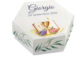 Scatolina porta confetti personalizzata esagonale decoro calice bibbia e rami ulivo