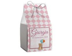 Scatolina porta confetti personalizzata quadrata rosa e orsetto con palloncini