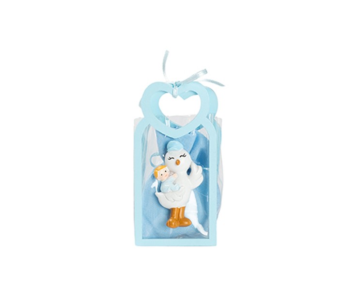 Harmony BUSTINA PU CELESTE CON MANICO CUORE CON MAGNETE CICOGNA CON BIMBO 2 ASS. CON SACCHETTO su Bomboniere Dolci Emozioni