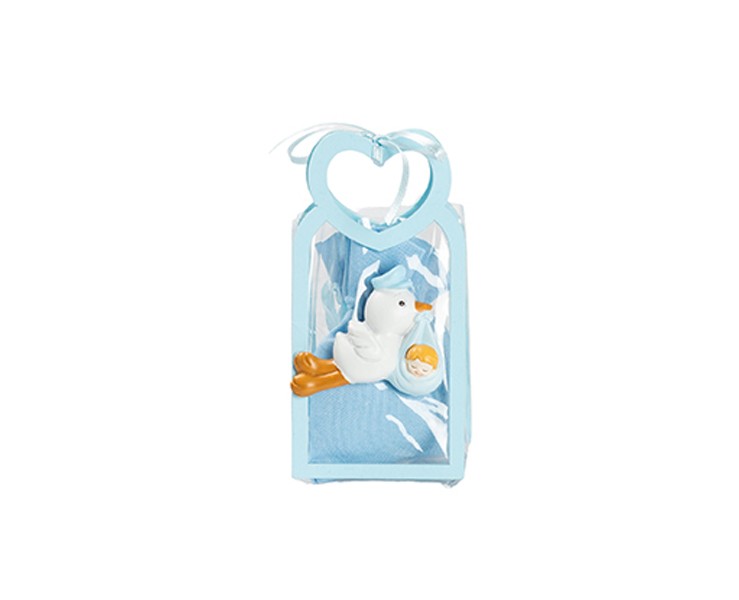 Harmony BUSTINA PU CELESTE CON MANICO CUORE CON MAGNETE CICOGNA CON BIMBO 2 ASS. CON SACCHETTO su Bomboniere Dolci Emozioni