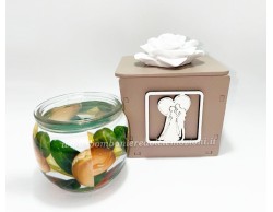 Bomboniera Matrimonio Mariella Martini cofanetto con applicazione coppia sposi e candela verde