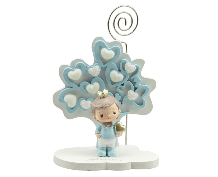 Segnaposto Battesimo Harmony 2024 albero della vita cuori celeste piccolo con principe resina 3D con cuore oro assortito in 2 su Bomboniere Dolci Emozioni